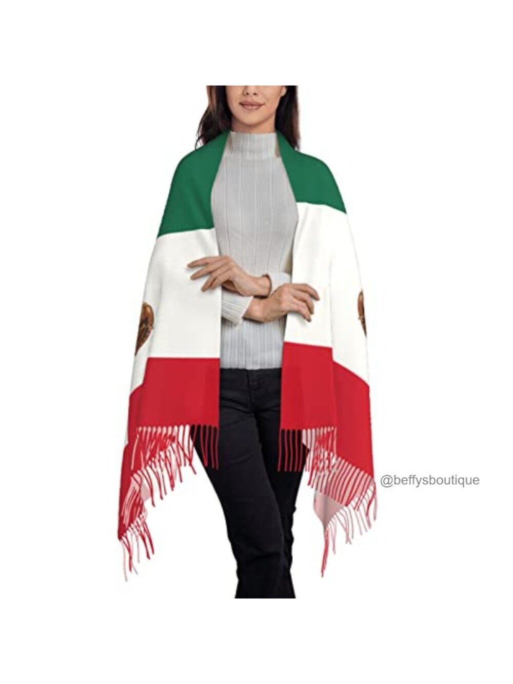 Mexico Flag Pattern Long Shawl Wrap Pashmina Scarf with Tassels Polyester